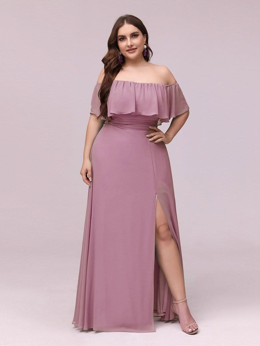 Größe Nach Maß Frauen A-Linie Schulterfrei Split Chiffon Brautjungfernkleider 00968