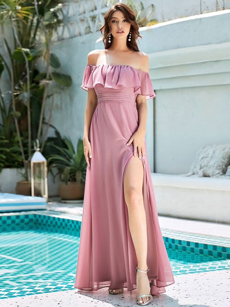 Größe Nach Maß Frauen A-Linie Schulterfrei Split Chiffon Brautjungfernkleider 00968