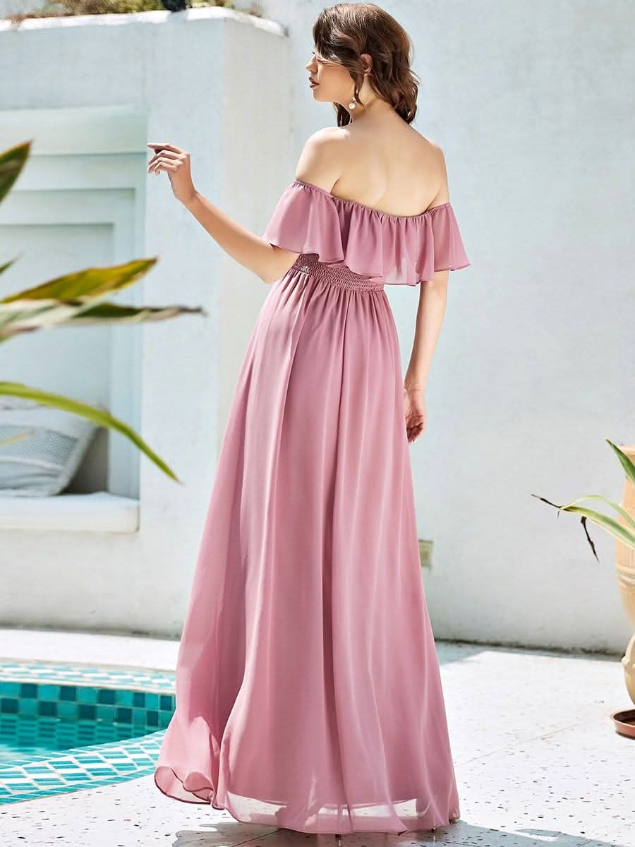 Größe Nach Maß Frauen A-Linie Schulterfrei Split Chiffon Brautjungfernkleider 00968