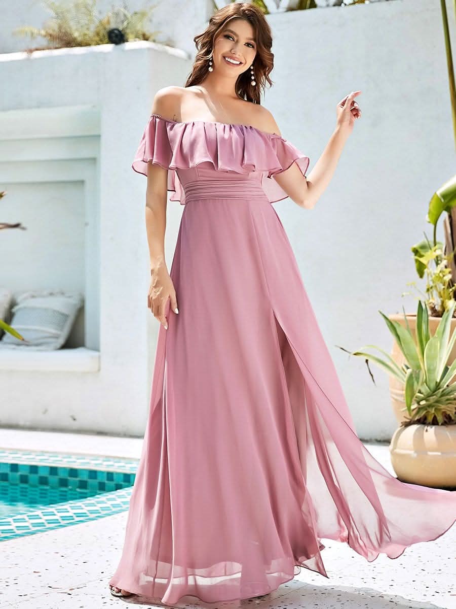 Größe Nach Maß Frauen A-Linie Schulterfrei Split Chiffon Brautjungfernkleider 00968