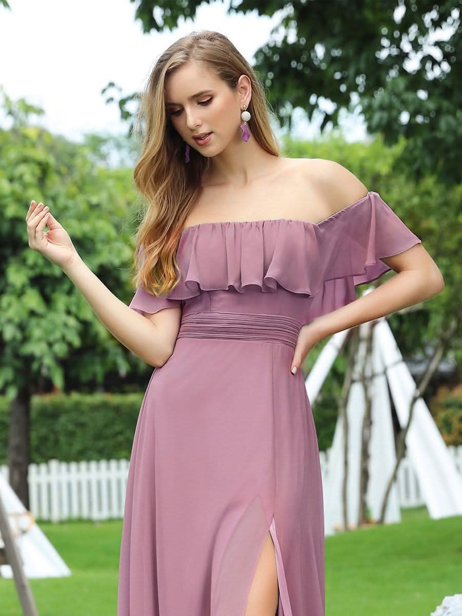 Größe Nach Maß Frauen A-Linie Schulterfrei Split Chiffon Brautjungfernkleider 00968