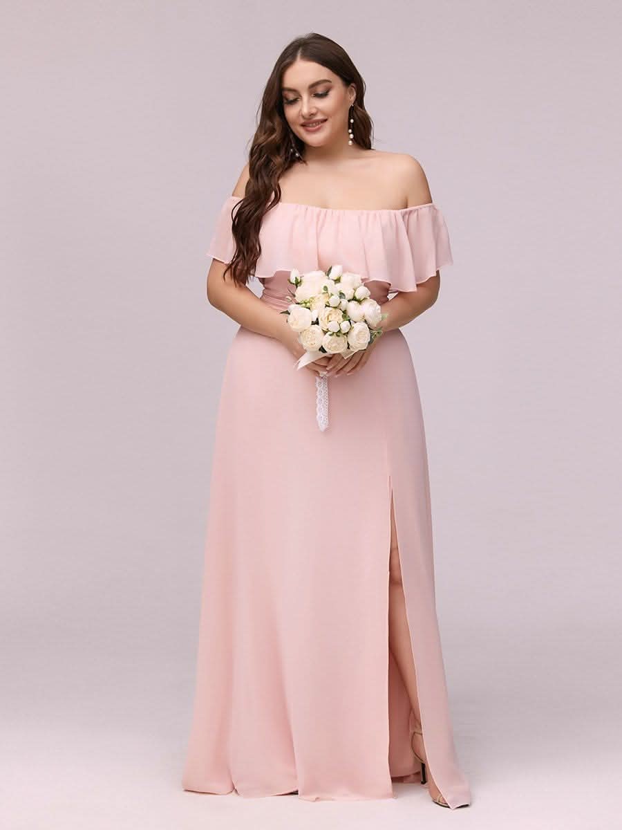 Größe Nach Maß Frauen A-Linie Schulterfrei Split Chiffon Brautjungfernkleider 00968