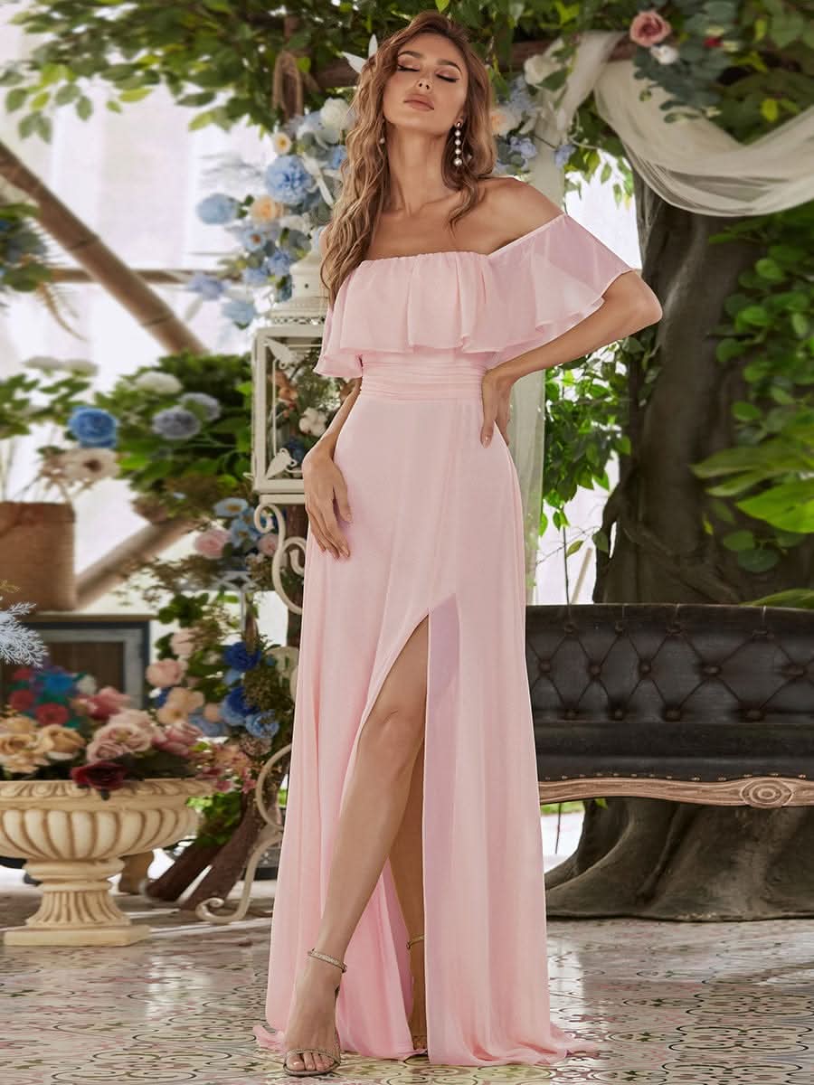 Größe Nach Maß Frauen A-Linie Schulterfrei Split Chiffon Brautjungfernkleider 00968