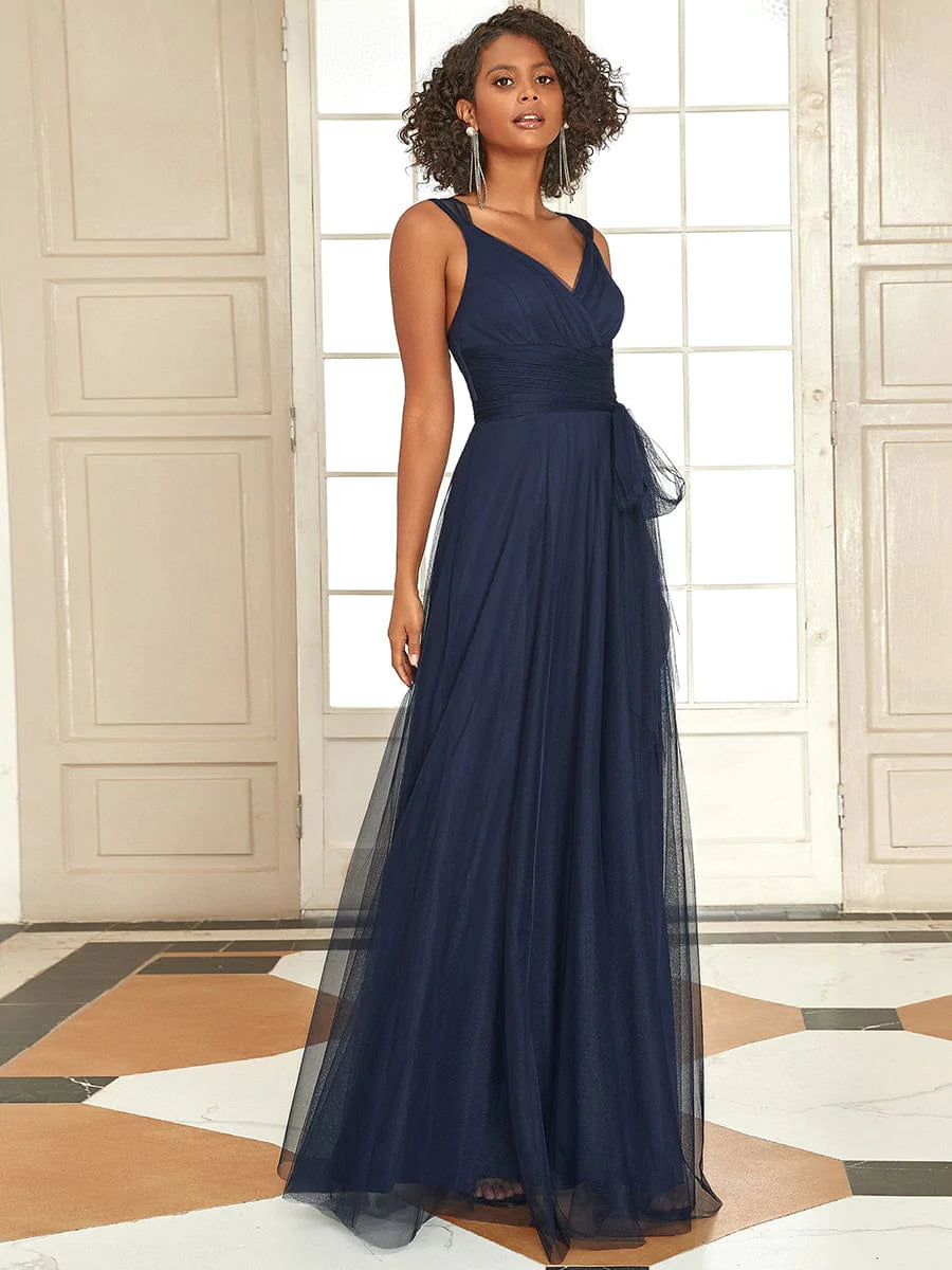 Größe Nach Maß Vintage V-neck Ärmellose Tüll Lange Brautjungfernkleider #farbe_Navy Blau