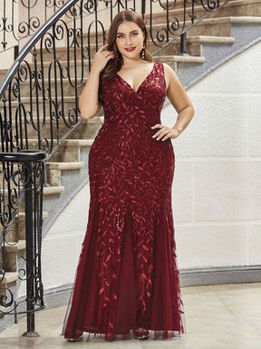 Color=Burgundy | Aermelloses Meerjungfrau Abendkleid Mit Doppeltem V-Ausschnitt 07886-Burgundy 7