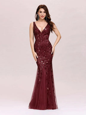 Color=Burgundy | Aermelloses Meerjungfrau Abendkleid Mit Doppeltem V-Ausschnitt 07886-Burgundy 4