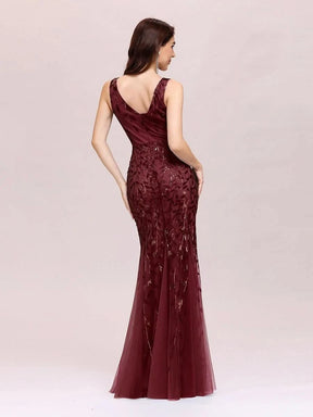 Color=Burgundy | Aermelloses Meerjungfrau Abendkleid Mit Doppeltem V-Ausschnitt 07886-Burgundy 5