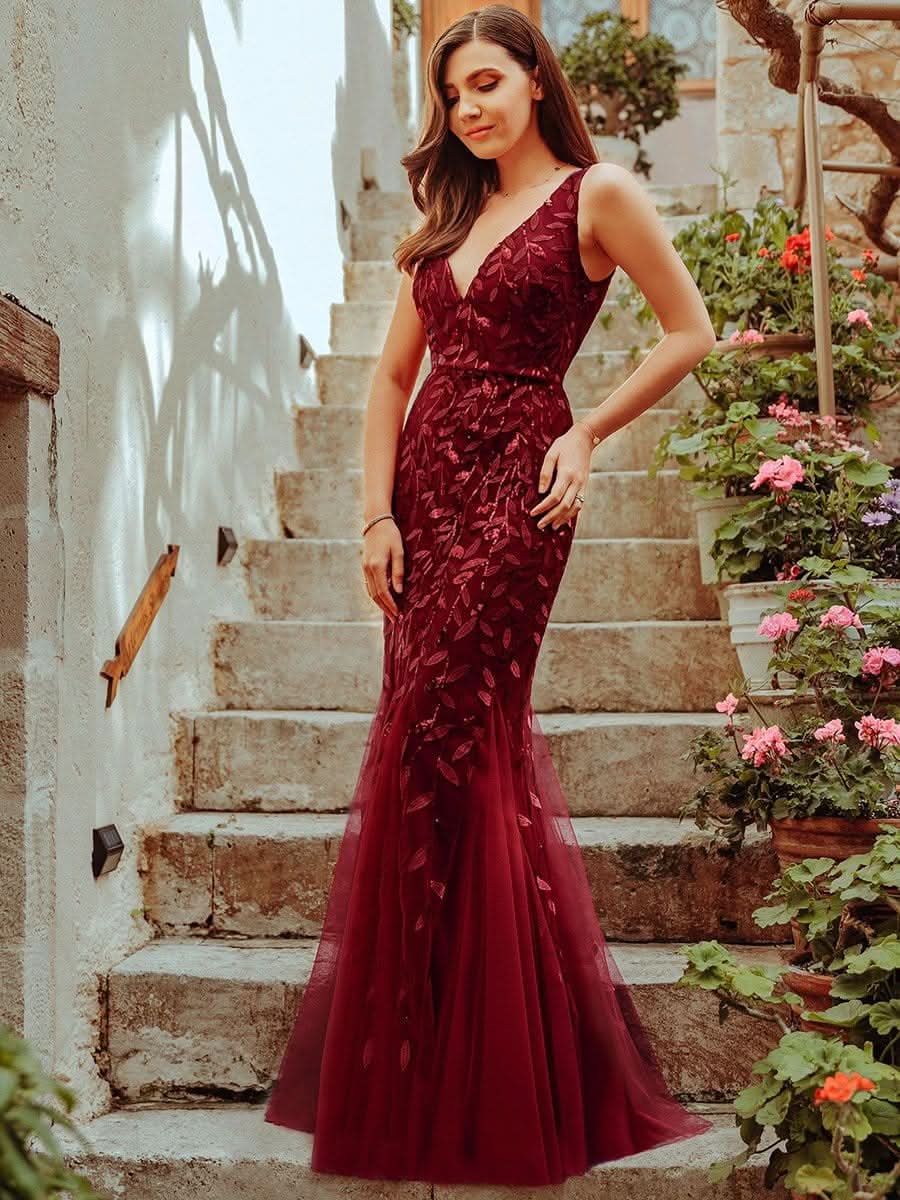 Color=Burgundy | Aermelloses Meerjungfrau Abendkleid Mit Doppeltem V-Ausschnitt 07886-Burgundy 1