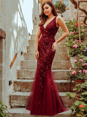 Color=Burgundy | Aermelloses Meerjungfrau Abendkleid Mit Doppeltem V-Ausschnitt 07886-Burgundy 1