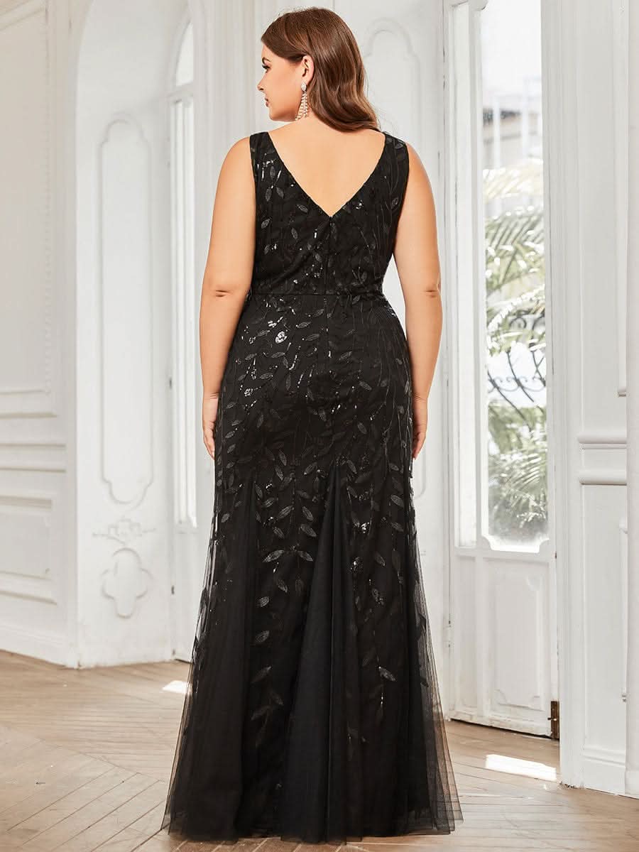 Plus Size Aermelloses Meerjungfrau Abendkleid mit doppeltem V-Ausschnitt 07886 #farbe_Schwarz