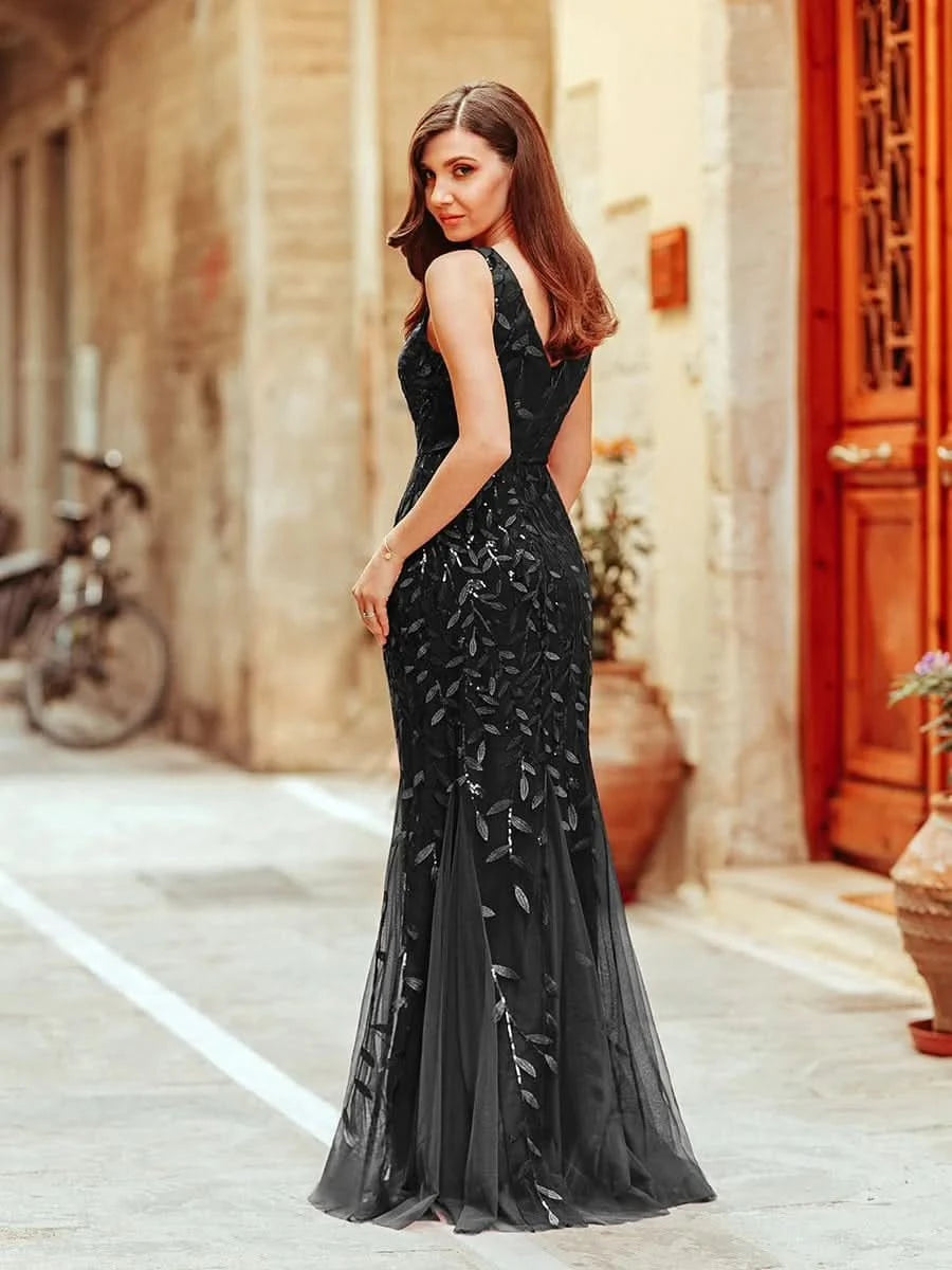 Color=Schwarz | Aermelloses Meerjungfrau Abendkleid Mit Doppeltem V-Ausschnitt 07886-Schwarz 2