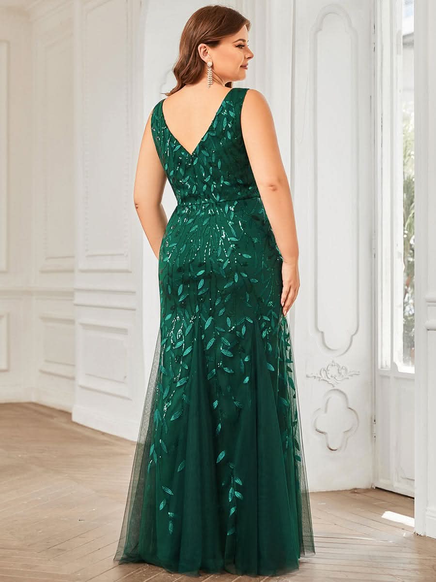 Plus Size Aermelloses Meerjungfrau Abendkleid mit doppeltem V-Ausschnitt 07886 #farbe_Dunkel Gruen