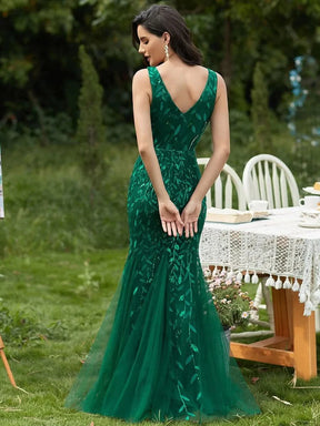 Color=Dunkel Gruen | Aermelloses Meerjungfrau Abendkleid Mit Doppeltem V-Ausschnitt 07886-Dunkel Gruen 2