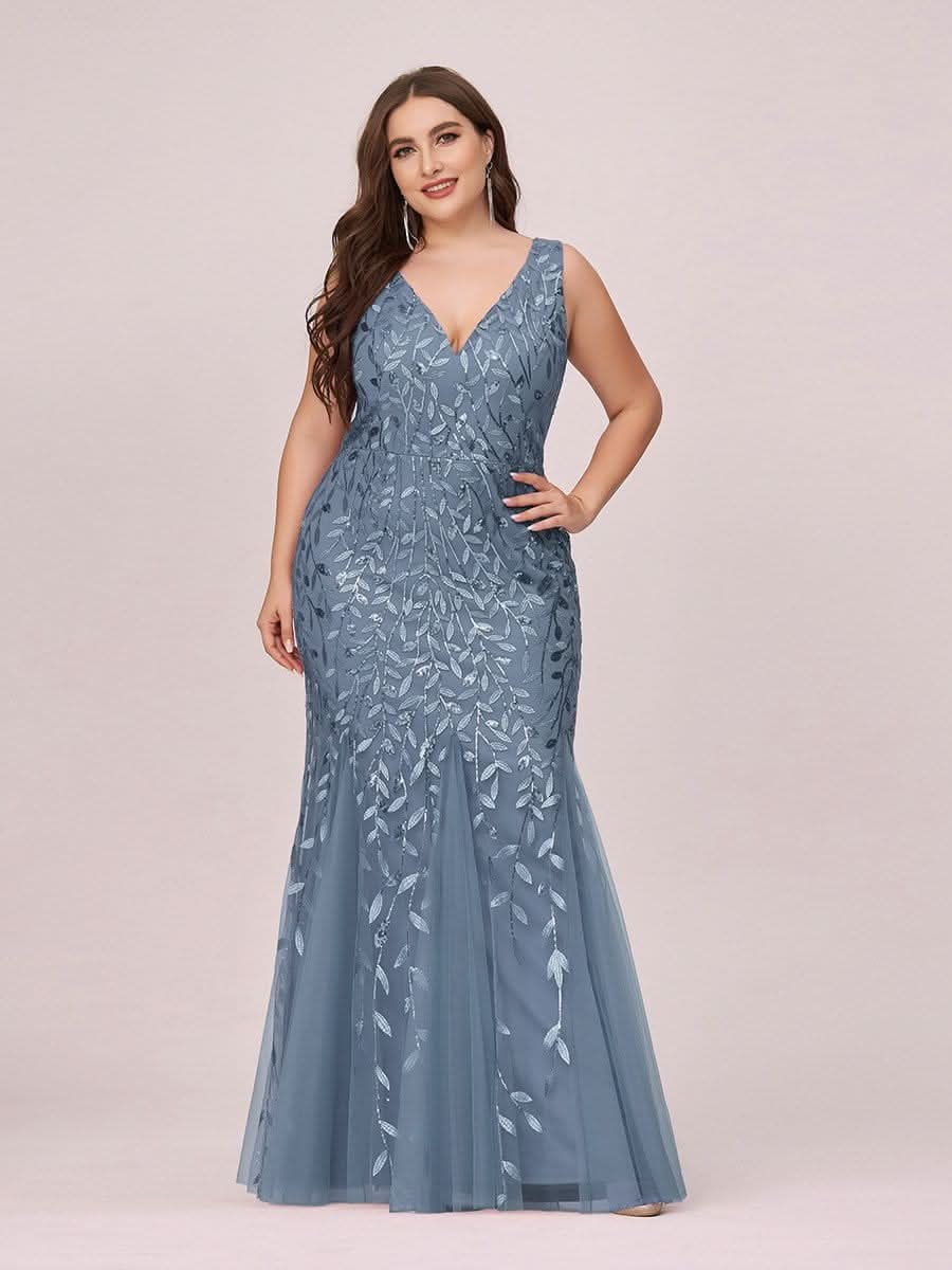 Plus Size Aermelloses Meerjungfrau Abendkleid mit doppeltem V-Ausschnitt 07886 #farbe_Dusty Navy