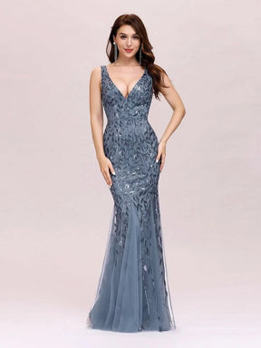 Color=Dusty Navy | Aermelloses Meerjungfrau Abendkleid Mit Doppeltem V-Ausschnitt 07886-Dusty Navy 4