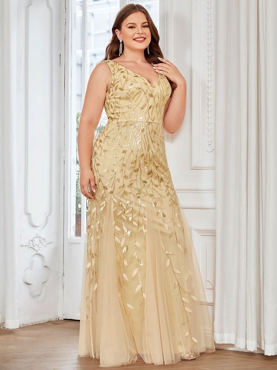 Plus Size Aermelloses Meerjungfrau Abendkleid mit doppeltem V-Ausschnitt 07886 #farbe_Gold