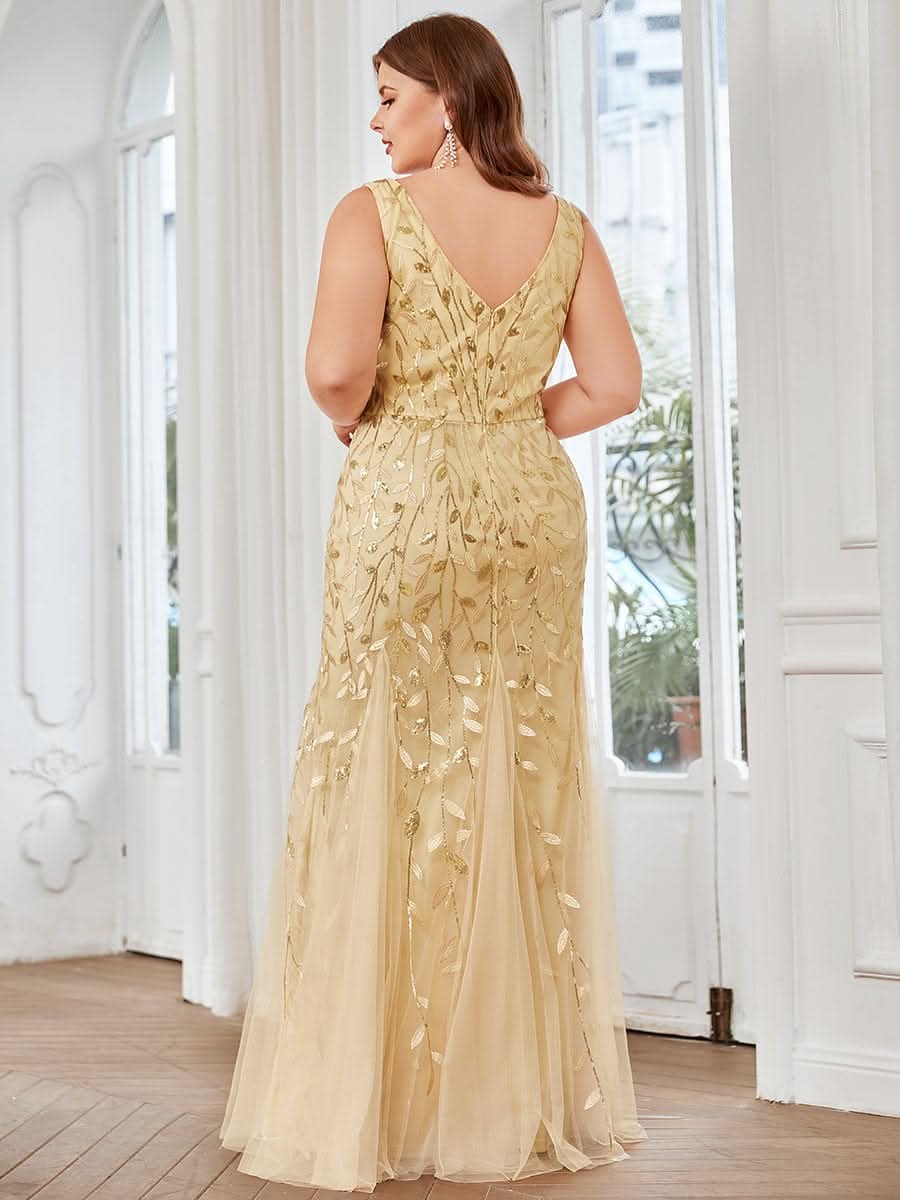 Plus Size Aermelloses Meerjungfrau Abendkleid mit doppeltem V-Ausschnitt 07886 #farbe_Gold