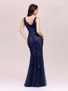 Color=Navy Blau | Aermelloses Meerjungfrau Abendkleid Mit Doppeltem V-Ausschnitt 07886-Navy Blau 5