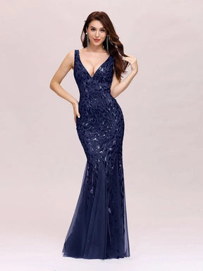 Color=Navy Blau | Aermelloses Meerjungfrau Abendkleid Mit Doppeltem V-Ausschnitt 07886-Navy Blau 4