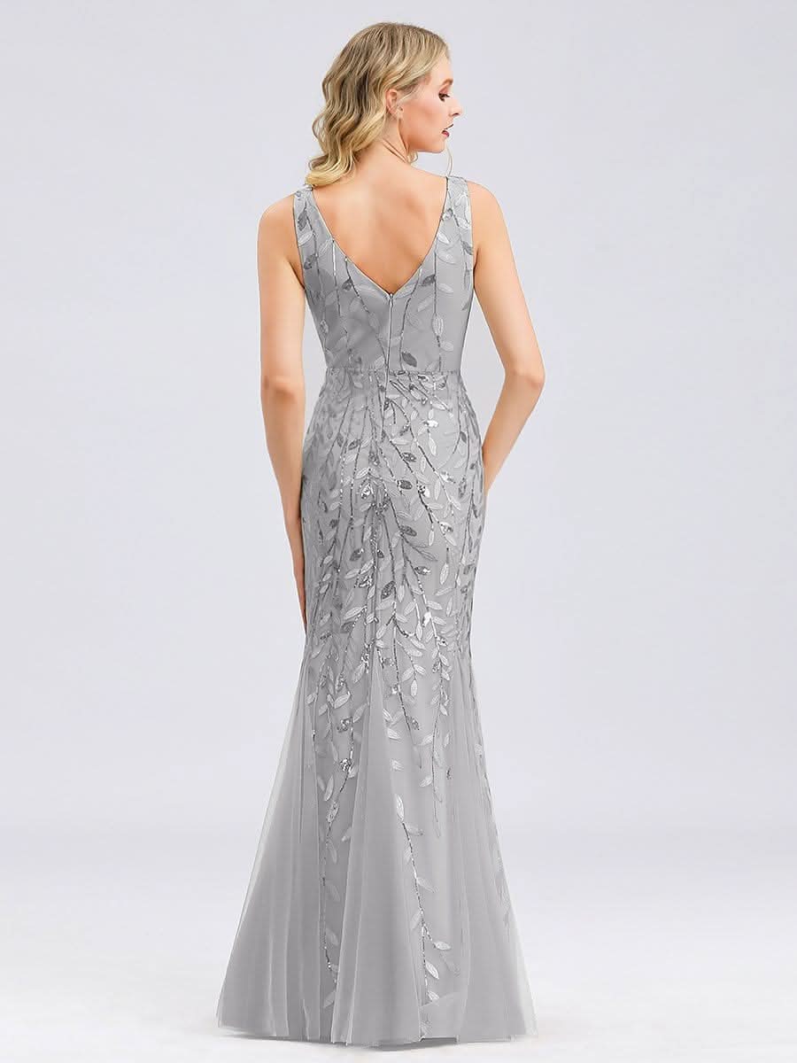 Color=Silver | Aermelloses Meerjungfrau Abendkleid Mit Doppeltem V-Ausschnitt 07886-Silver 7