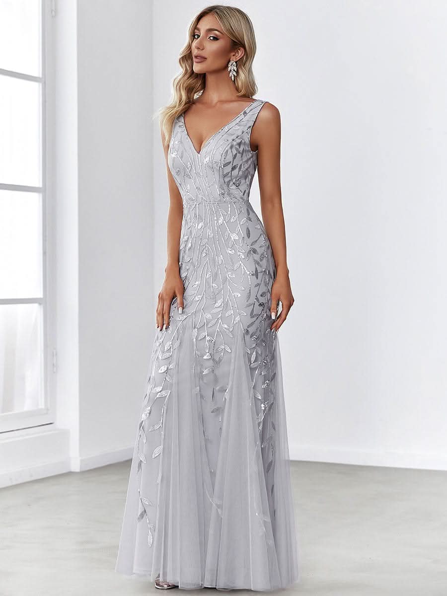 Color=Silver | Aermelloses Meerjungfrau Abendkleid Mit Doppeltem V-Ausschnitt 07886-Silver 3