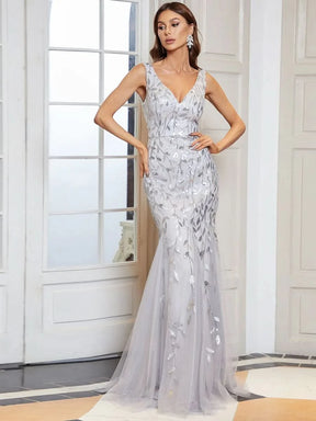 Color=Sliver | Aermelloses Meerjungfrau Abendkleid Mit Doppeltem V-Ausschnitt 07886-Sliver  1