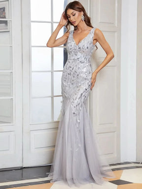 Color=Sliver | Aermelloses Meerjungfrau Abendkleid Mit Doppeltem V-Ausschnitt 07886-Sliver  3
