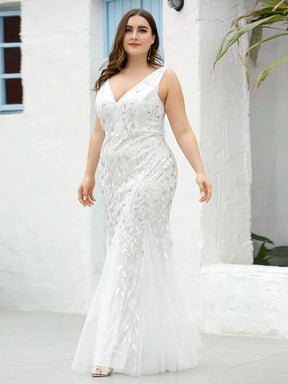 Color=Weiss | Aermelloses Meerjungfrau Abendkleid Mit Doppeltem V-Ausschnitt 07886-Weiss 4