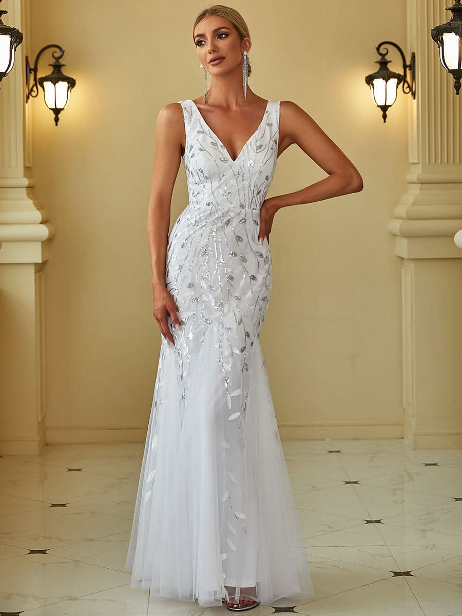 Color=Weiss | Aermelloses Meerjungfrau Abendkleid Mit Doppeltem V-Ausschnitt 07886-Weiss 1
