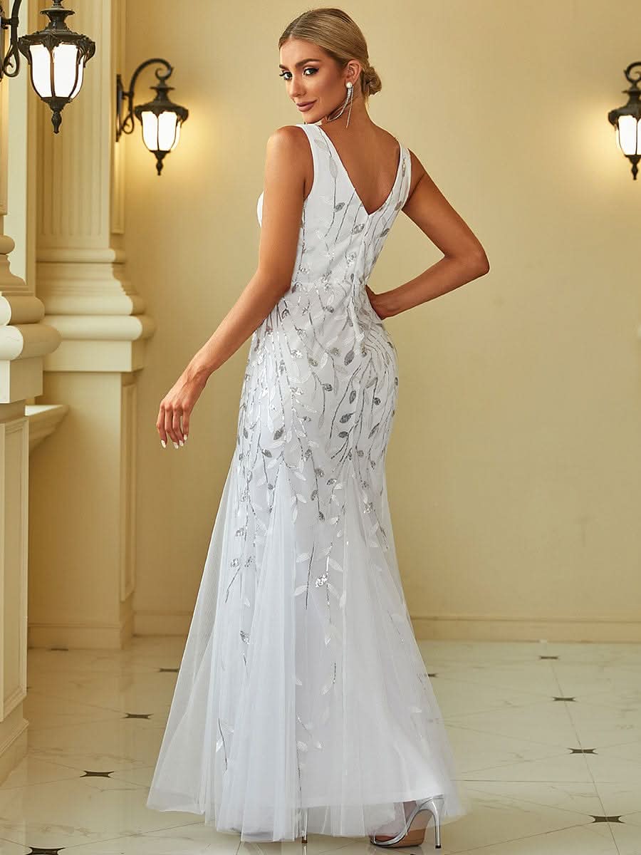 Color=Weiss | Aermelloses Meerjungfrau Abendkleid Mit Doppeltem V-Ausschnitt 07886-Weiss 2