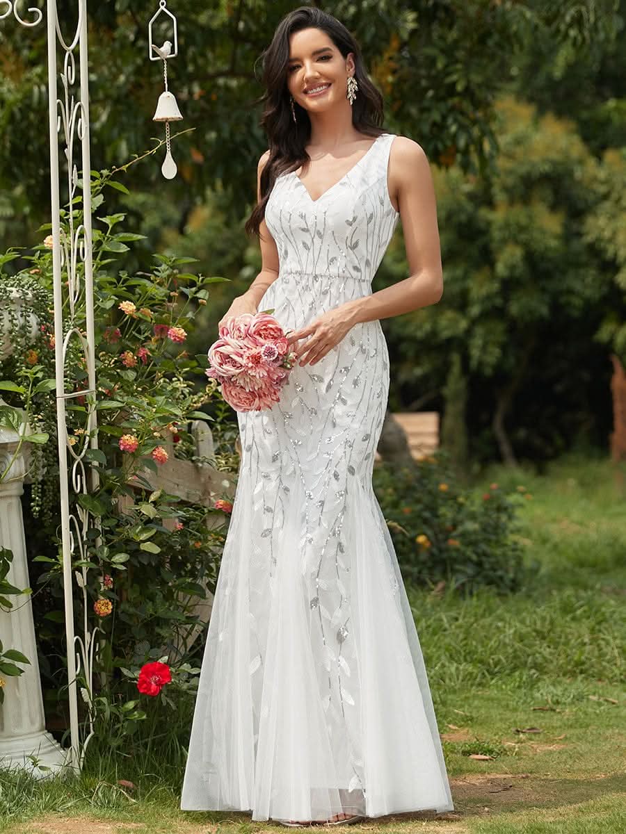Color=Weiss | Aermelloses Meerjungfrau Abendkleid Mit Doppeltem V-Ausschnitt 07886-Weiss 1