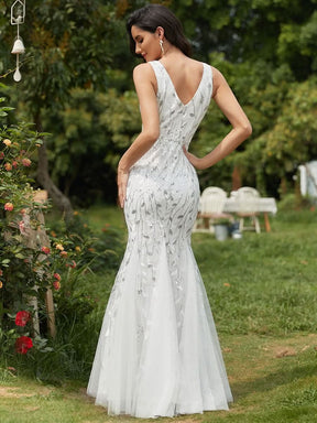 Color=Weiss | Aermelloses Meerjungfrau Abendkleid Mit Doppeltem V-Ausschnitt 07886-Weiss 2