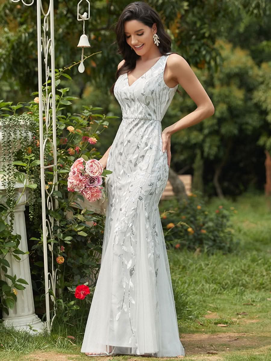 Color=Weiss | Aermelloses Meerjungfrau Abendkleid Mit Doppeltem V-Ausschnitt 07886-Weiss 3