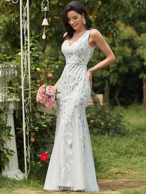Color=Weiss | Aermelloses Meerjungfrau Abendkleid Mit Doppeltem V-Ausschnitt 07886-Weiss 3