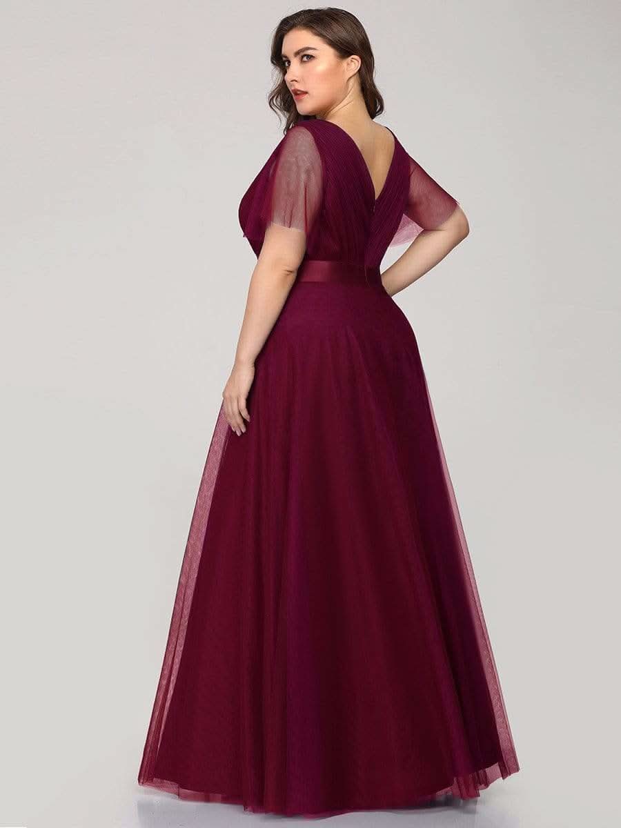 Doppelter V-Ausschnitt mit Hoher Taille Hochzeitsgast Kleider #Farbe_Burgundy