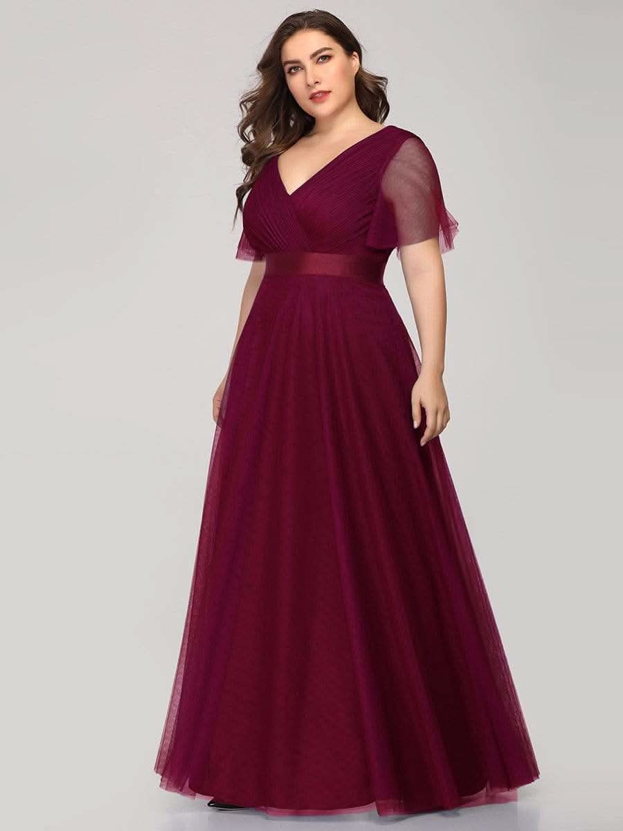 Elegante V-Ausschnitt A-Line Tüll Abendkleider #Farbe_Burgundy