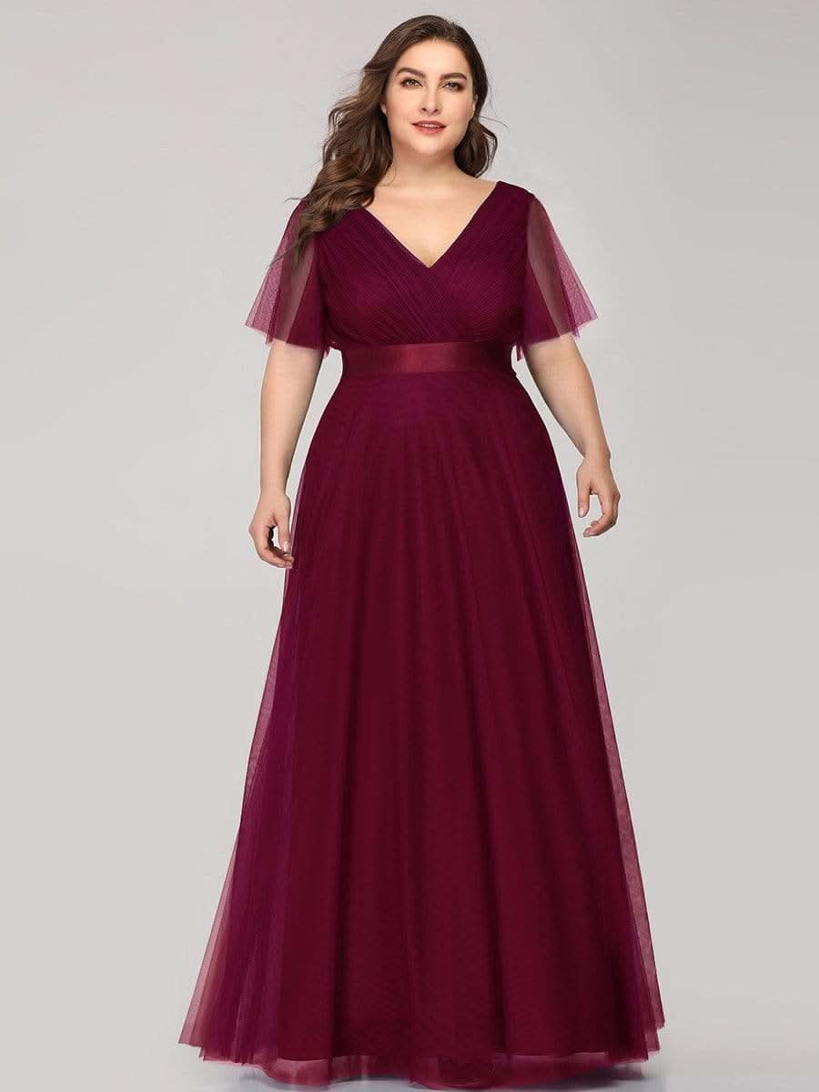 Plus Size V-Ausschnitt A-Linie Kurzarm Bodenlang Brautjungfernkleider #Farbe_Burgundy