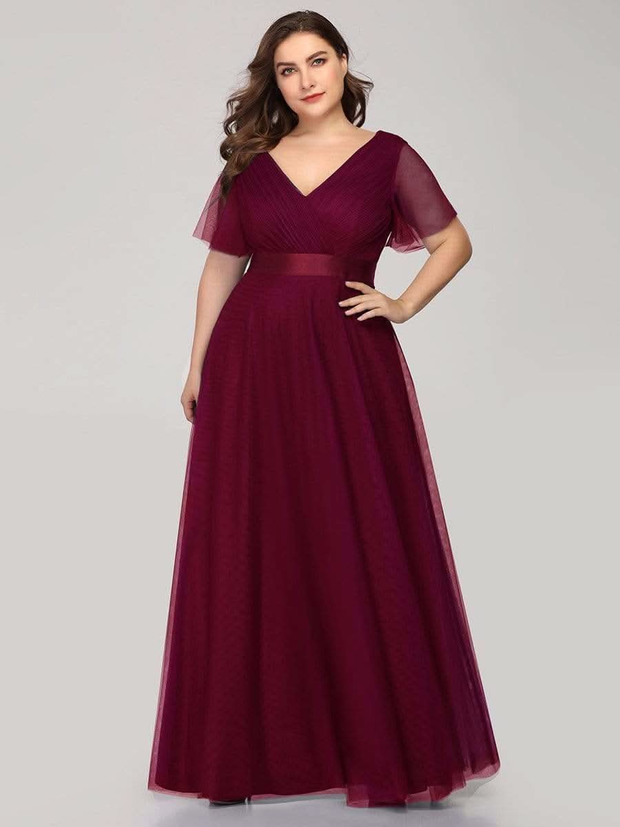 Doppelter V-Ausschnitt mit Hoher Taille Hochzeitsgast Kleider #Farbe_Burgundy
