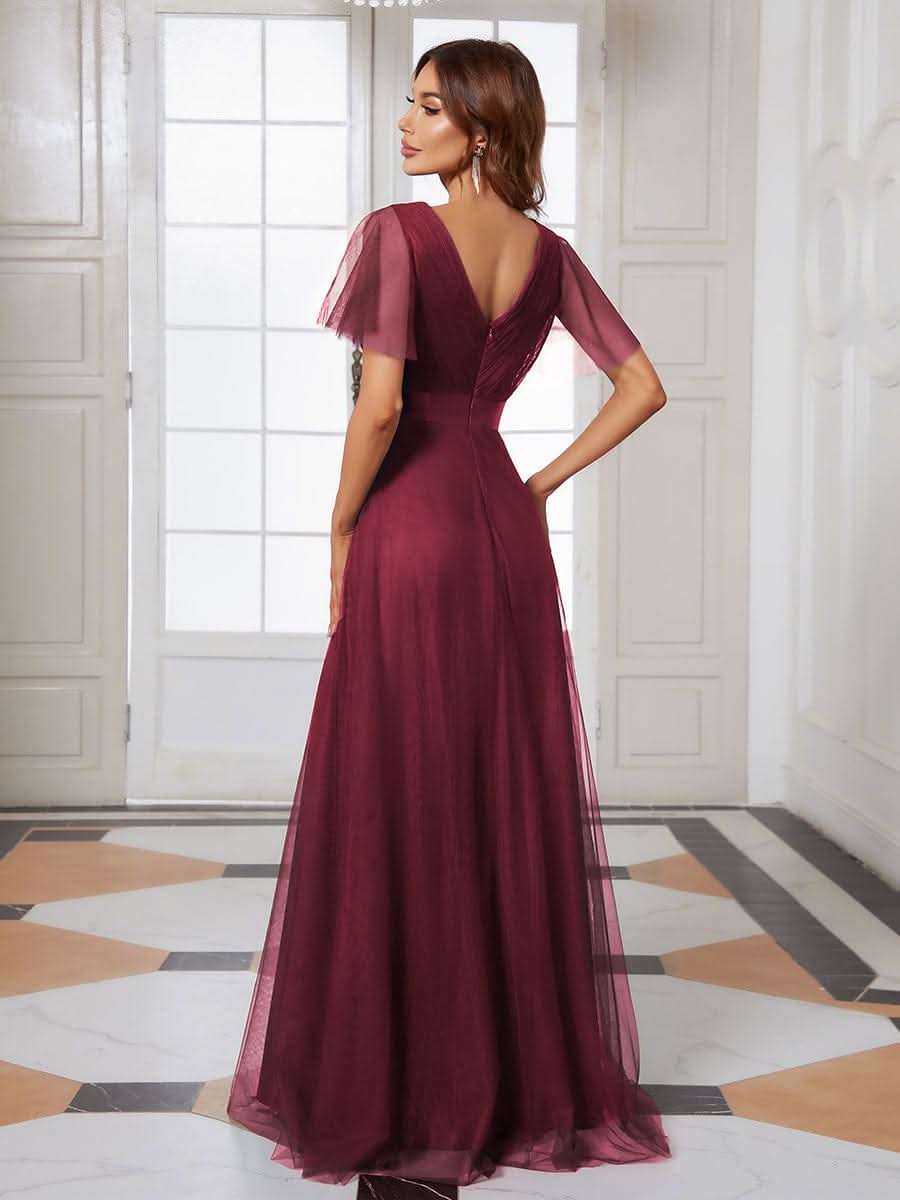 Elegante V-Ausschnitt A-Line Tüll Abendkleider #Farbe_Burgundy