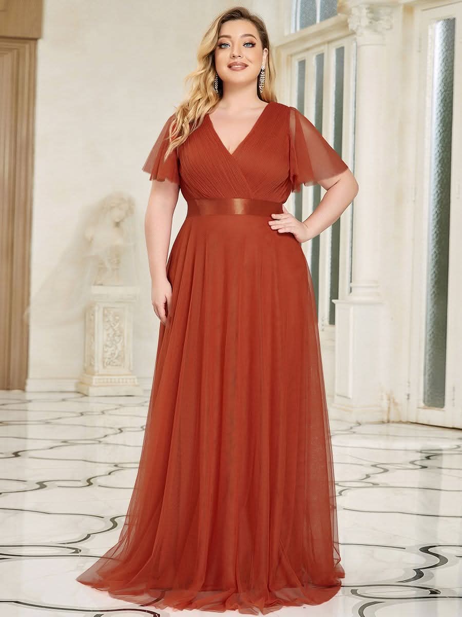 V-Ausschnitt Lang Tüll Kleider Für HochzeitsgÄste Große Größen #Farbe_Gebrannte Orange