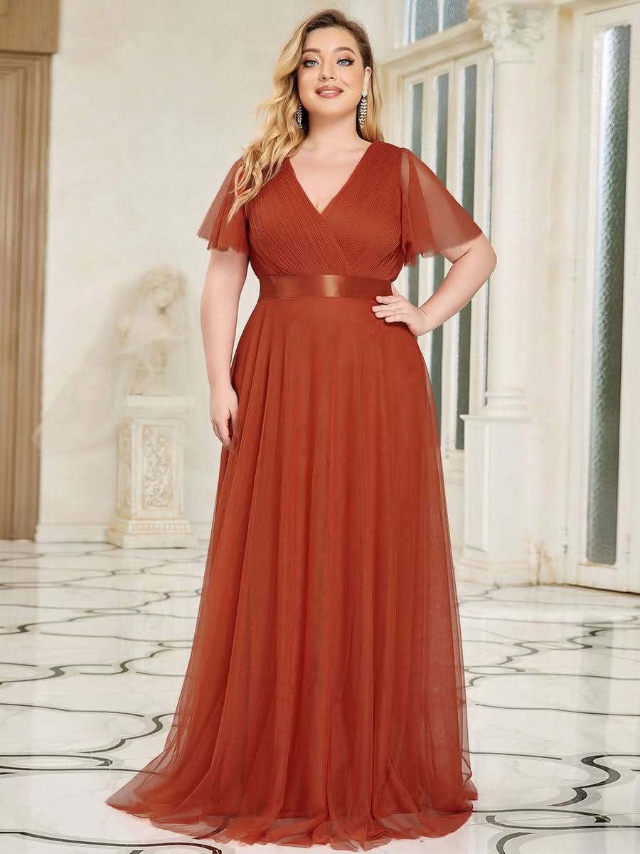 Elegante V-Ausschnitt A-Line Tüll Abendkleider #Farbe_Gebrannte Orange