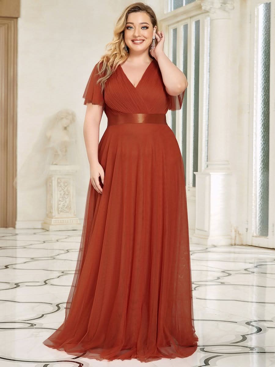 Plus Size V-Ausschnitt A-Linie Kurzarm Bodenlang Brautjungfernkleider #Farbe_Gebrannte Orange