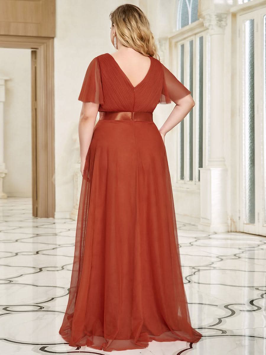 Elegante V-Ausschnitt A-Line Tüll Abendkleider #Farbe_Gebrannte Orange
