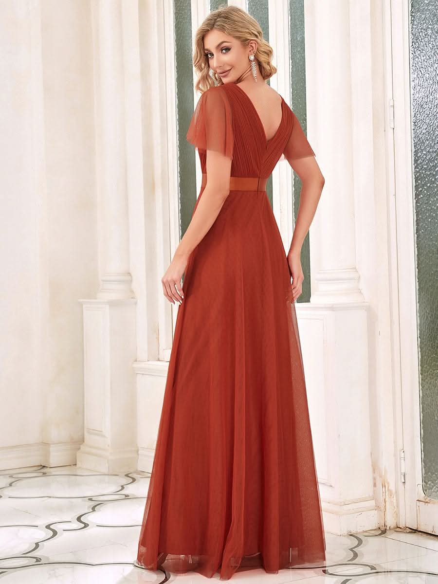 Doppelter V-Ausschnitt mit Hoher Taille Hochzeitsgast Kleider #Farbe_Gebrannte Orange