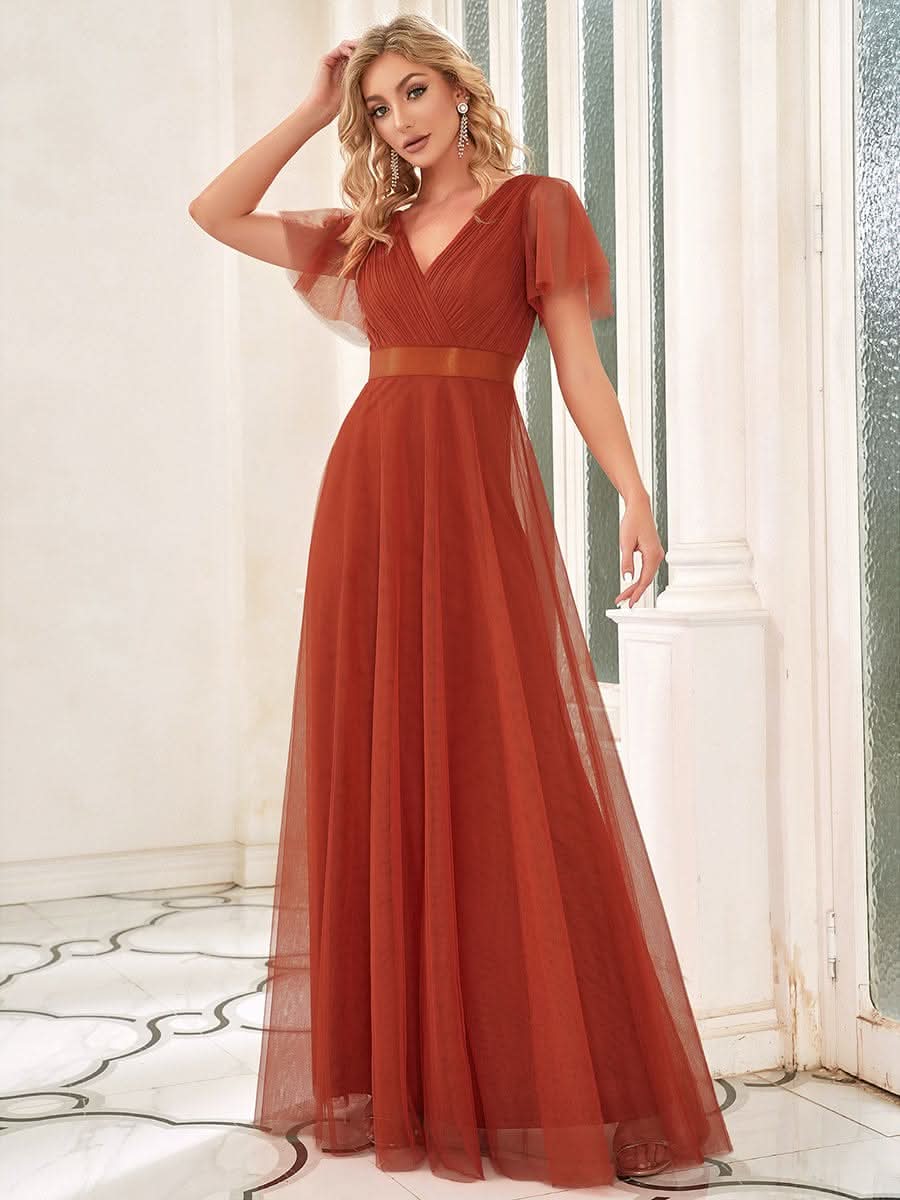 Doppelter V-Ausschnitt mit Hoher Taille Hochzeitsgast Kleider #Farbe_Gebrannte Orange
