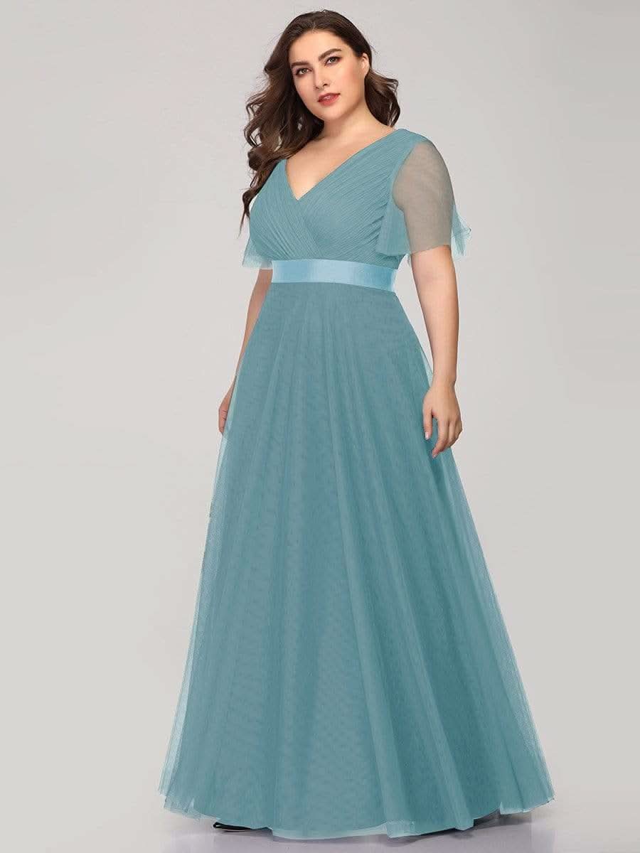 V-Ausschnitt A-Linie Kurzarm Bodenlang Brautjungfernkleider #Farbe_Dusty Blau