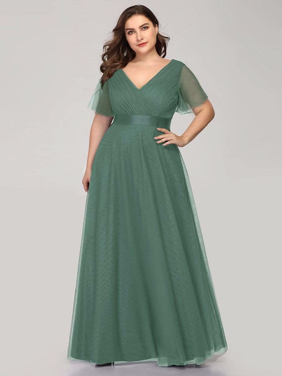 Plus Size V-Ausschnitt A-Linie Kurzarm Bodenlang Brautjungfernkleider #Farbe_Gruen Bohne