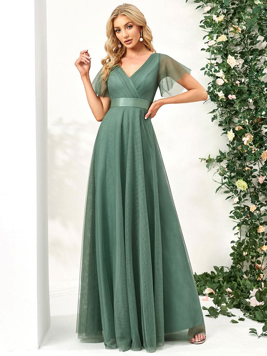 Elegante V-Ausschnitt A-Line Tüll Abendkleider #Farbe_Gruen Bohne