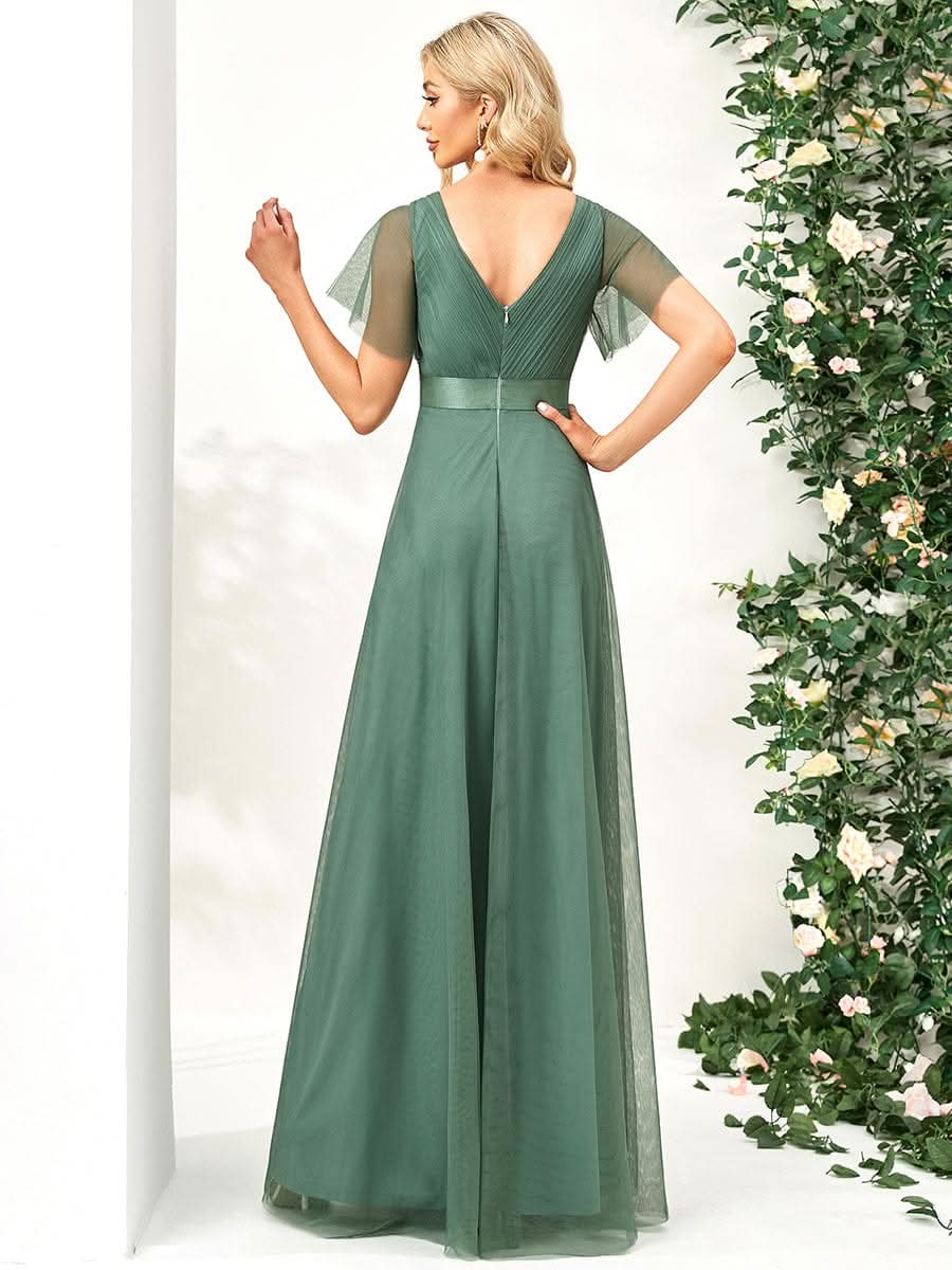 Elegante V-Ausschnitt A-Line Tüll Abendkleider #Farbe_Gruen Bohne