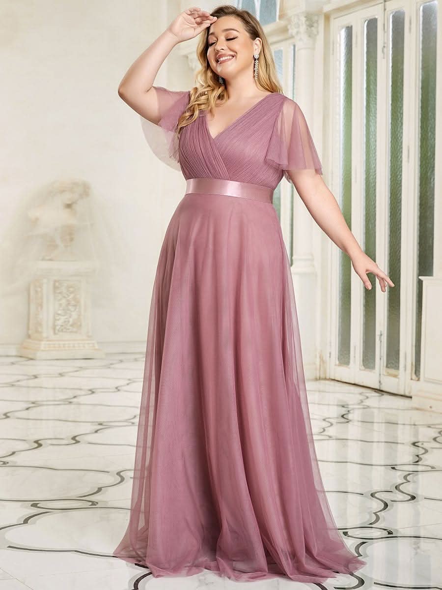 Doppelter V-Ausschnitt mit Hoher Taille Hochzeitsgast Kleider #Farbe_Orchid